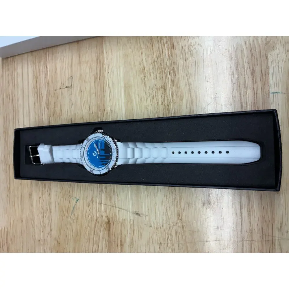 Lolliclock Chrome Date White Silicone Watch 70201-WE Blue Dial New Open Box